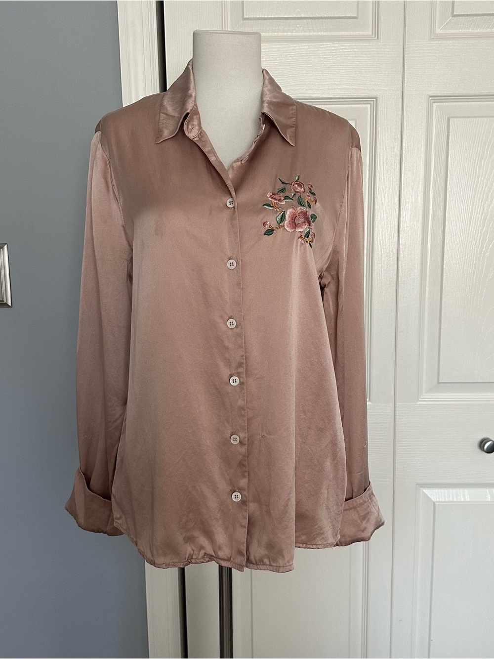 Reformation Silk long sleeve button down top in Soft Blush pink
